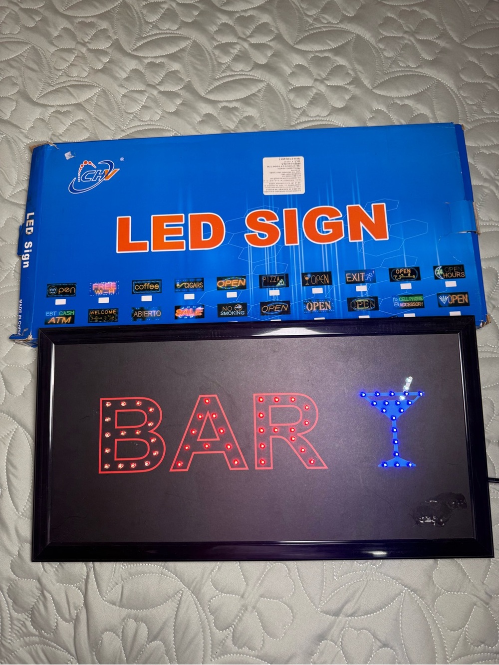 LED BAR Lighted Hanging Wall Sign, Black Frame, Red/Blue Letters, Rectangle